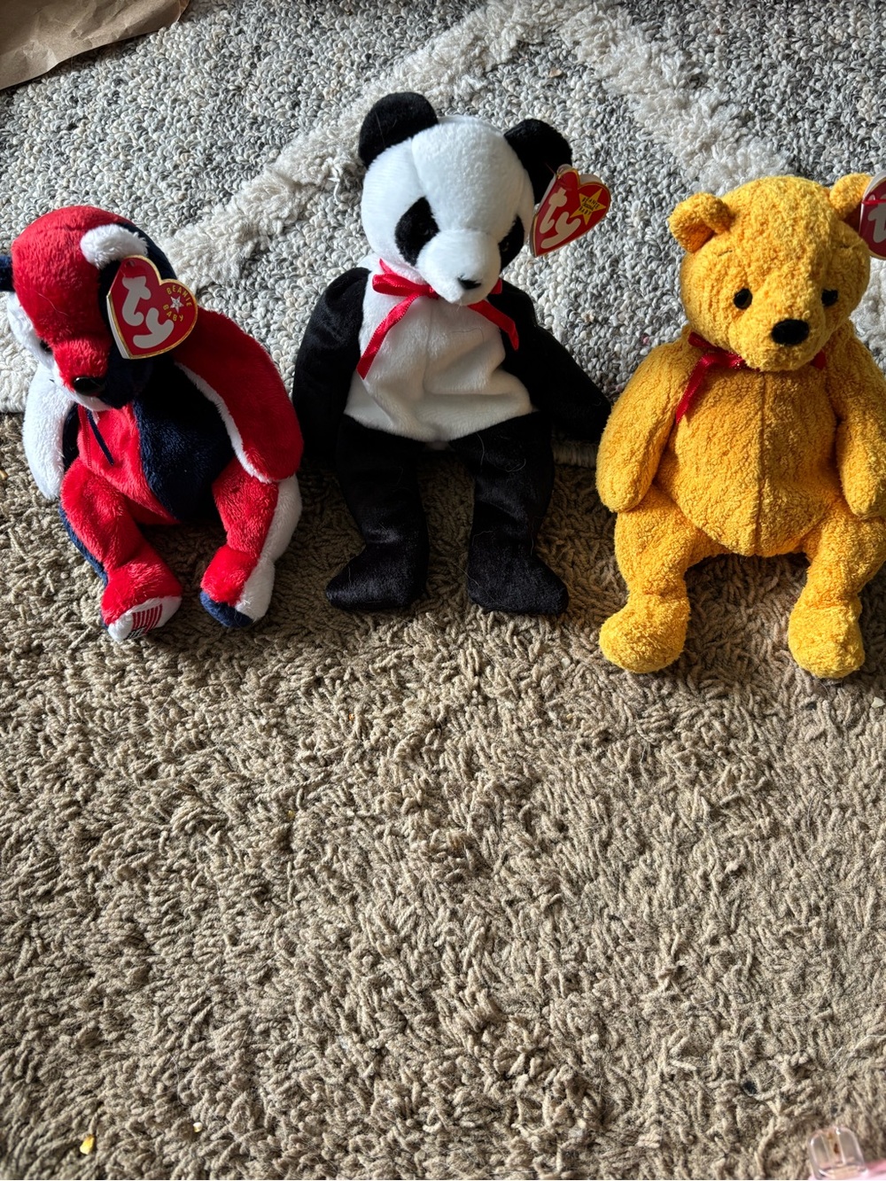 Ty Plush Trio — Red, Black & White Panda, Yellow Bear